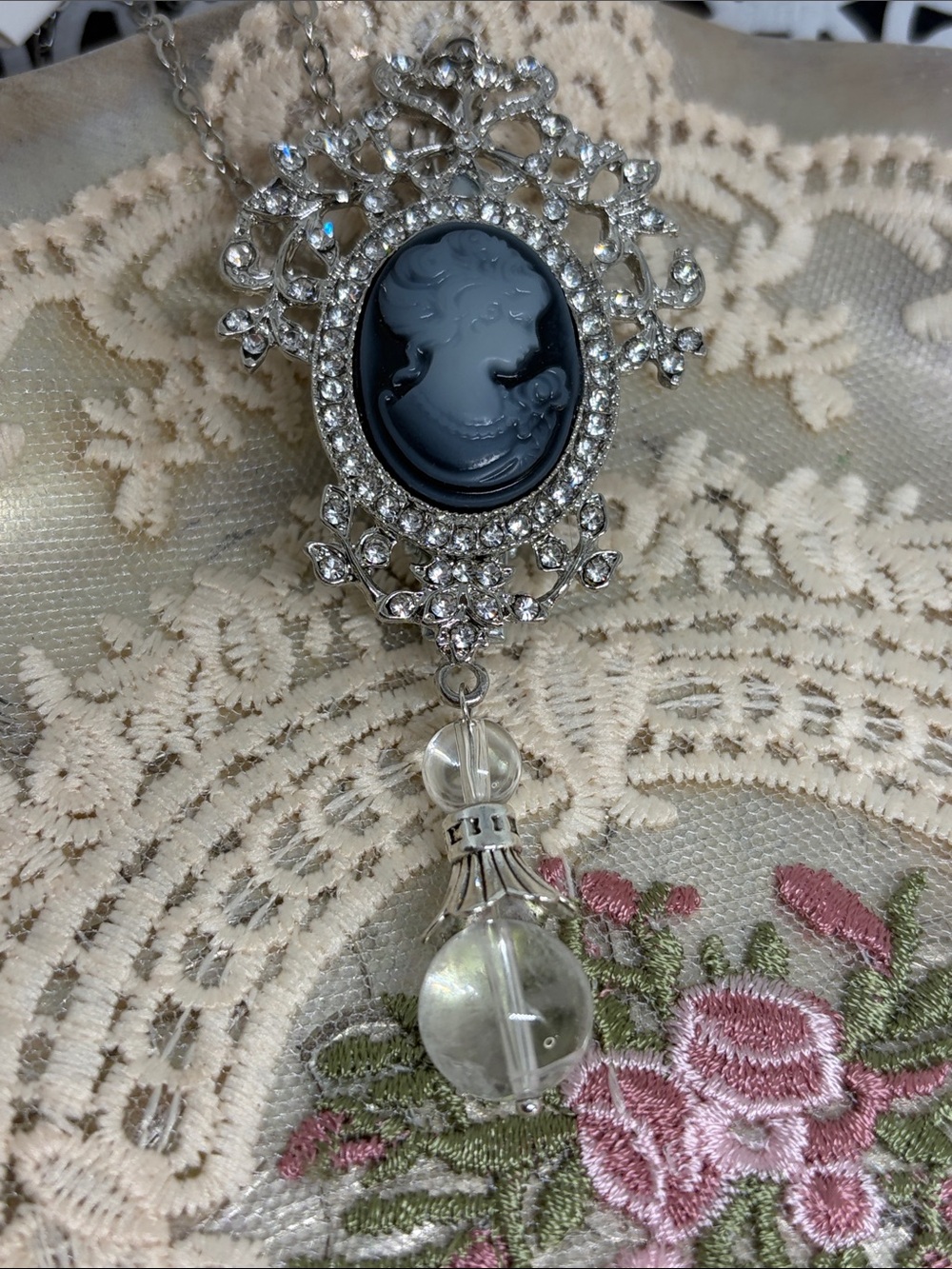 Handmade Convertible Cameo Necklace & Barrette with 5A Grade Quartz Accents